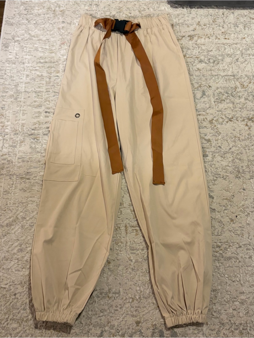 PrettyLittleThing Beige Cargo Jogger Pants with Contrast Brown Belt